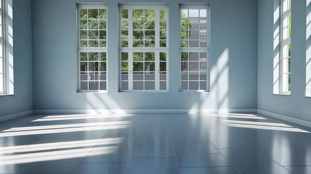 Sunlight streams into a spacious, empty room with large windows, ideal for minimalism and tranquility themes