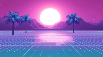 Fototapeta premium Retro-futuristic landscape with neon sunset and palm trees