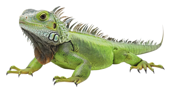 Colorful green iguana displaying vibrant scales, cut out - stock png.