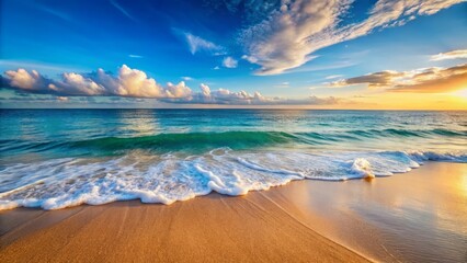 Soft Beautiful Ocean Wave Gently Lapping on Sandy Beach with Clear Blue Sky, Perfectly Captured Using the Rule of Thirds for Stunning Coastal Photography