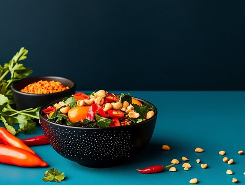 Closeup of Burmese lahpet thoke, tea leaf salad with nuts, sesame, and chili, plated with cultural elements