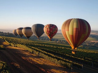 Obraz premium A line of hot air balloons rising into the early morning sky over rolling vineyards, casting shadows on the fields below.