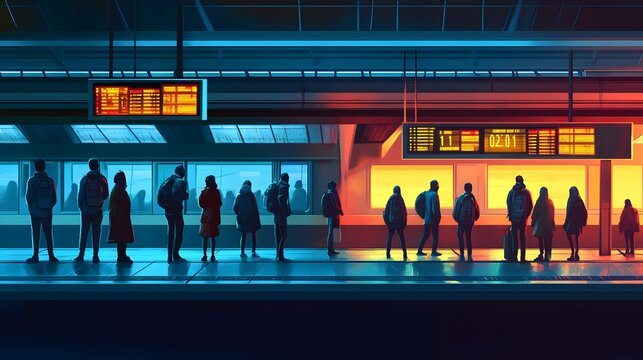A well-lit subway platform with digital timetables and passengers standing patiently