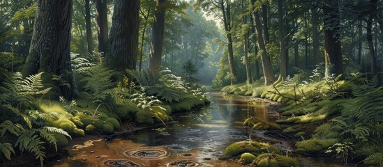 Lush verdant forested landscape with a tranquil stream meandering through the overgrown moss covered rocks and logs  An idyllic
