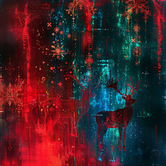 Vibrant Neon Christmas Art Featuring Glowing Reindeer and Festive Elements for a Modern Holiday Aesthetic