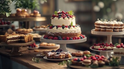 Naklejka premium A beautiful two-tiered cake adorned with fresh berries sits amongst an array of other pastries, creating a visually stunning dessert spread.