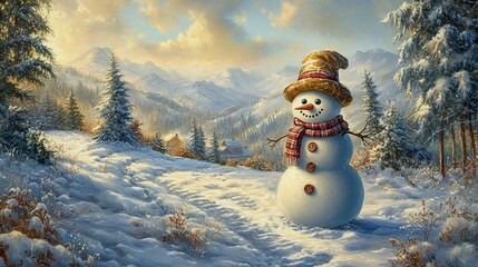 Obraz premium An outdoor scene of a snowman decorated with a scarf, hat, and buttons, surrounded by a snowy landscape and distant pine trees
