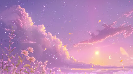 cute, pink and purple sky with clouds and stars, a few wildflowers in the foreground, in the style of anime, delicate brushstrokes, dreamy atmosphere, night scene, moonlight 