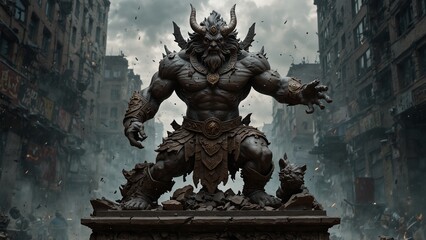 Obraz premium Rokas, the God of Destruction statue, stepping on roaring thunder and crumbling buildings, set against catastrophe and chaos, with destruction and power symbols carved on the base.