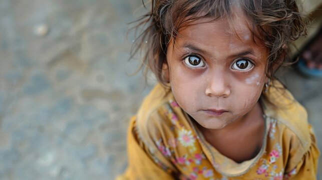 A starving child gazes at a half-empty bowl, their expression a haunting reminder of the struggle for basic survival.