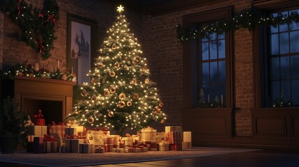 A cozy evening scene featuring a Christmas tree glowing with warm white lights and beautifully wrapped gifts below