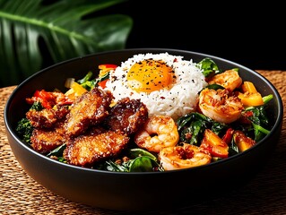 Fototapeta premium Filipino pinakbet, sauteed vegetables with shrimp paste, served with crispy pork and rice in a rustic setting