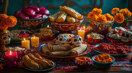 Vibrant Day of the Dead Offering with Colorful Decorations and Delicious Food
