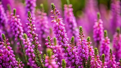 Fototapeta premium Stunning Macro Photography of Purple Calluna vulgaris (Heather) Flowers Showcasing Natural Beauty and Simple Elegance in a Minimalist Floral Arrangement with Ample Negative Space