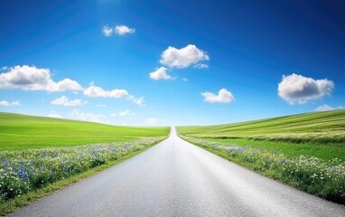 Fototapeta premium A long, empty road running through green fields dotted with wildflowers under a wide blue sky. The scene is peaceful and feels endless.