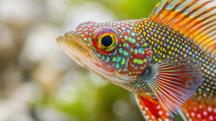 Fototapeta premium Colorful fish swimming in aquarium with blurry background
