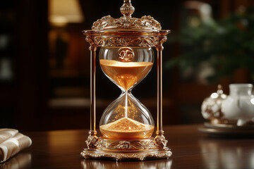 Elegant hourglass with gold sand, symbolizing time and investment, placed on a minimalist table, soft lighting
