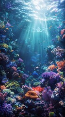 Stunning underwater landscape showcasing a thriving coral reef ecosystem filled with a vibrant array of tropical fish rays and other marine life  Sunlight beams filter through the clear blue waters