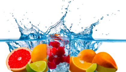 Fresh fruits dropping into a water glass on a white background