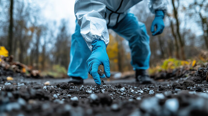 Naklejka premium A detailed shot of a gloved hand collecting debris for asbestos testing, while the personâs protective suit and equipment dominate the composition