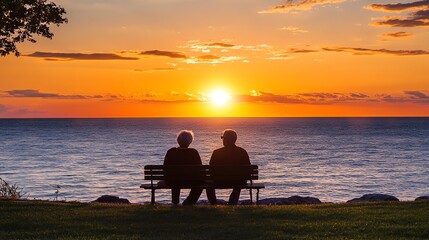 A couple sits on a bench watching the sunset over a lake.