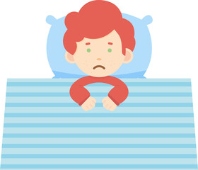 Child lying in bed with red hair and red pajamas, under a blue and white striped blanket with a blue pillow behind their head, holding onto the blanket with both hands.
