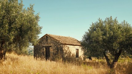 Obraz premium Rustic stone hut nestled amongst olive trees in a sun-drenched field.