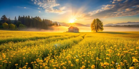 Tranquil Sunlit Field of Vibrant Yellow Flowers with a Small Building in the Distance Under a Hazy Sky - A Serene Landscape Photography Scene for Nature Lovers