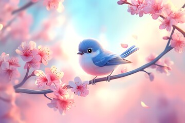 Cute bird sitting on a branch of pink flowers in pastel color cartoon style
