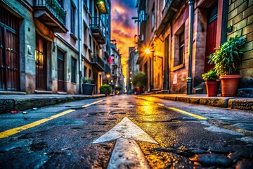 Naklejka premium Urban Exploration Photography Featuring an Arrow Illustrating Direction and Route Directions in a Gritty Cityscape Setting with Vibrant Street Art and Urban Elements