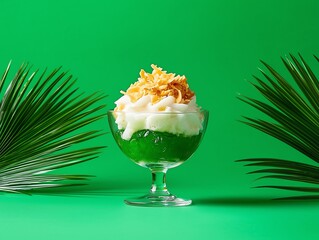 Malaysian cendol dessert, shaved ice with green jelly, coconut milk, and palm sugar syrup, served in a glass bowl