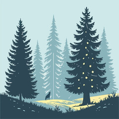 Obraz premium Silent Glow A Snow-Dusted Forest with a Radiant Christmas Tree Illustrator Artwork