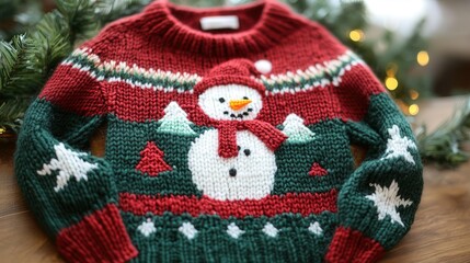 A festive hand-knitted Christmas sweater with a snowman and Christmas tree motif, made from cozy yarn in cheerful red and green.