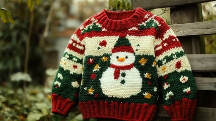 A festive hand-knitted Christmas sweater with a snowman and Christmas tree motif, made from cozy yarn in cheerful red and green.
