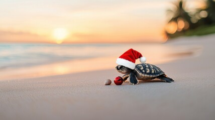 A adorable animal Christmas themed, A turtle wearing a Santa hat is on a beach, with the sunset in the background, creating a festive and whimsical holiday scene.