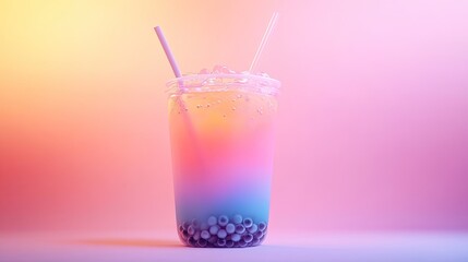 Pastel-colored bubble tea with tapioca pearls, a refreshing summer drink.