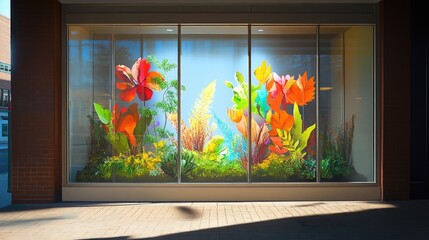 Vibrant floral display in a storefront window. The colorful artwork brings a burst of energy to the urban scene.