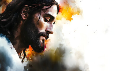 Watercolor portrait of Jesus Christ with copy space