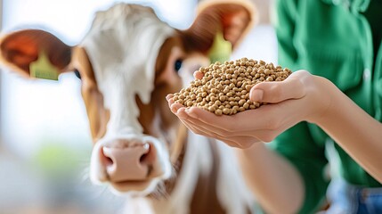 Obraz premium Dairy farming system concept. A person feeds grains to a cow, showcasing farm life and animal care.