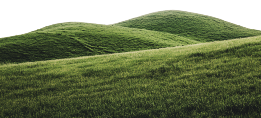 Rolling green hills under bright sky landscape, cut out - stock png.