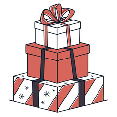 A clean, modern stack of wrapped Christmas gifts in geometric shapes with bold, solid colors and subtle textures Illustrator Artwork