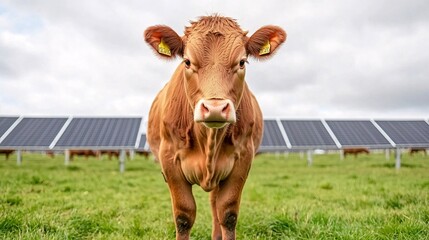 Dairy farming system concept. Cow stands in a green field with solar panels in the background under a cloudy sky.