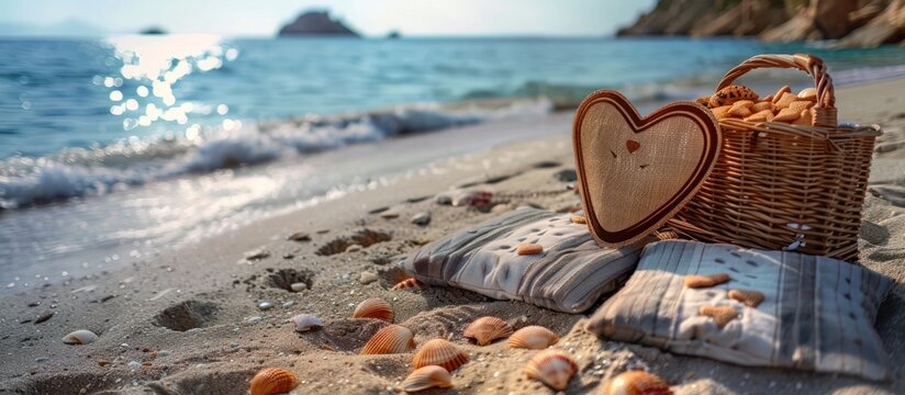 Romantic Seaside Picnic with Heart Shaped Basket on Pebble Beach at Sunset  A cozy picnic setup on the tranquil shores with a wicker basket and a soft blanket