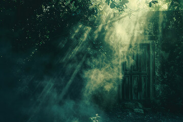 Fantastically door in wild forest leading to deep unknown