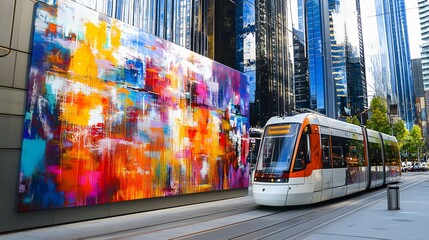 Obraz premium A sleek tram gliding past modern skyscrapers and vibrant street art