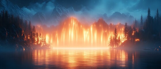 Naklejka premium Glowing ethereal landscape with soft dynamic lighting that creates a mesmerizing reflection in the serene lake surrounded by majestic mountains and a mystical forest backdrop