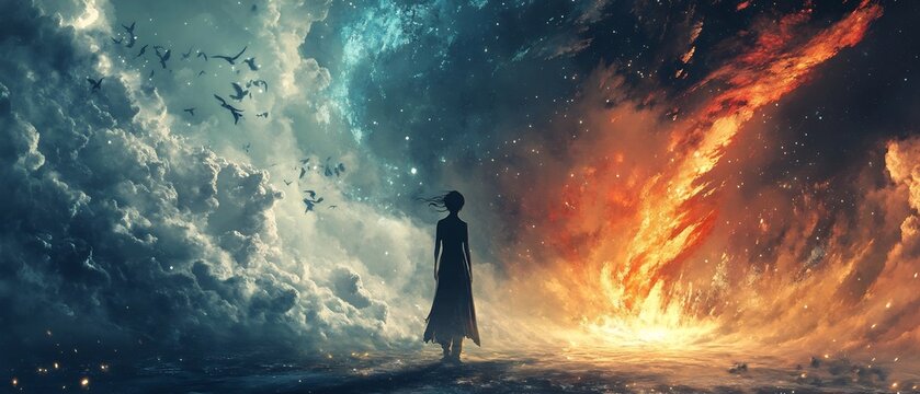 A lone solitary figure standing in the midst of a raging fiery storm surrounded by clouds of chaos and destruction in a dramatic otherworldly fantasy landscape