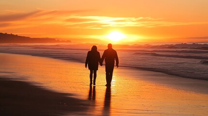 Fototapeta premium A couple walks hand-in-hand along a beach at sunset.