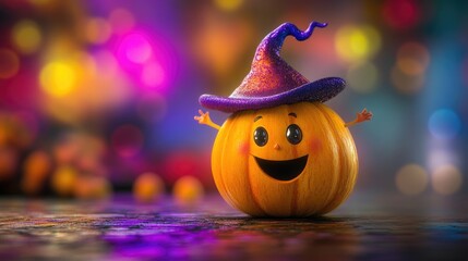 Naklejka premium A cheerful cartoon pumpkin wearing a witch's hat smiles against a colorful bokeh background. Perfect for Halloween!