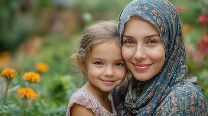 Heartwarming Embrace Between Mother and Daughter Amidst a Colorful Garden Filled with Flowers and Nature's Beauty, Capturing Love and Connection in Family Moments